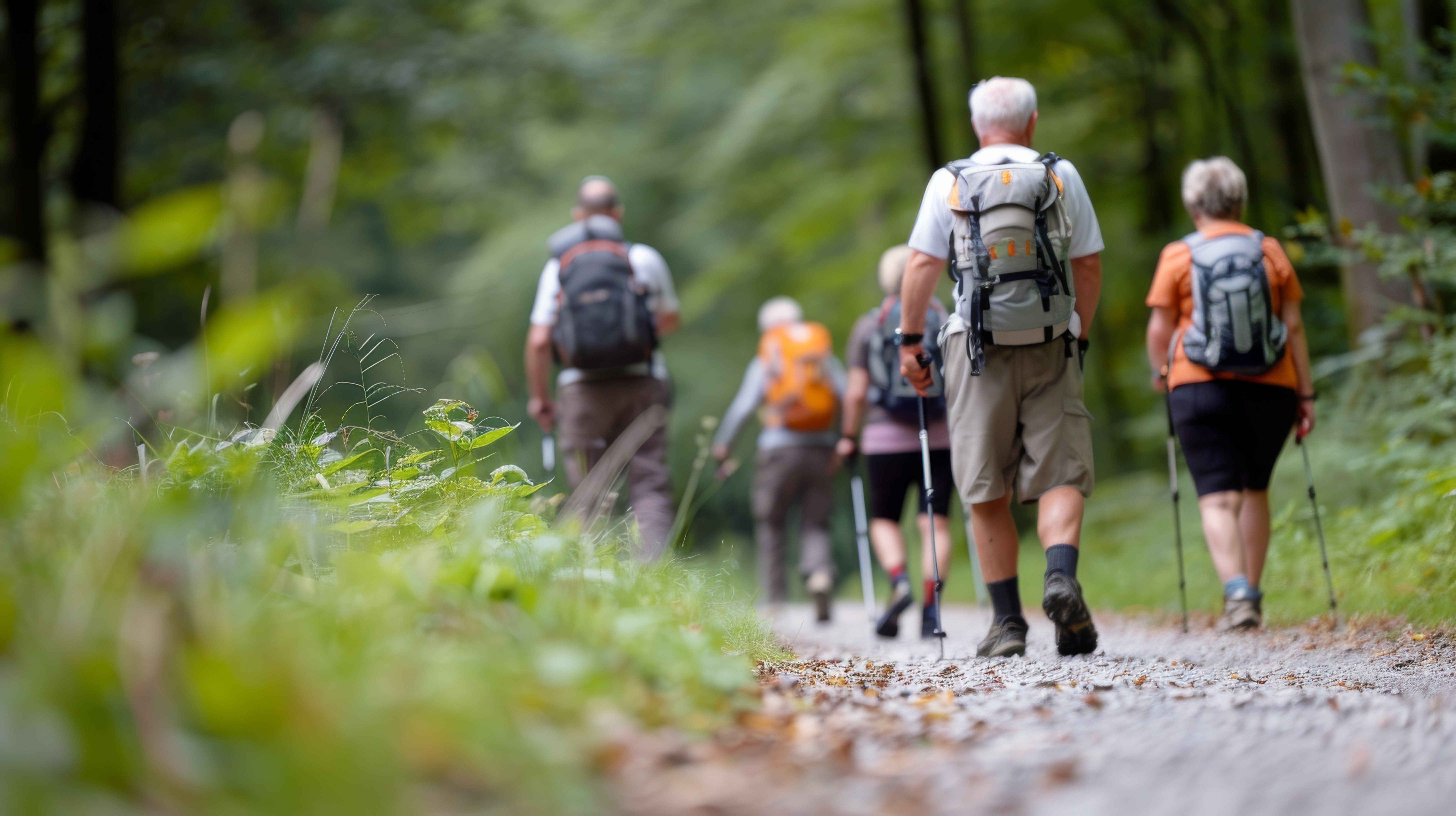 Een groep energieke senioren geniet van een wandeling in een groen bos. Ze lachen, bewegen actief en omarmen een gezonde en sociale levensstijl.