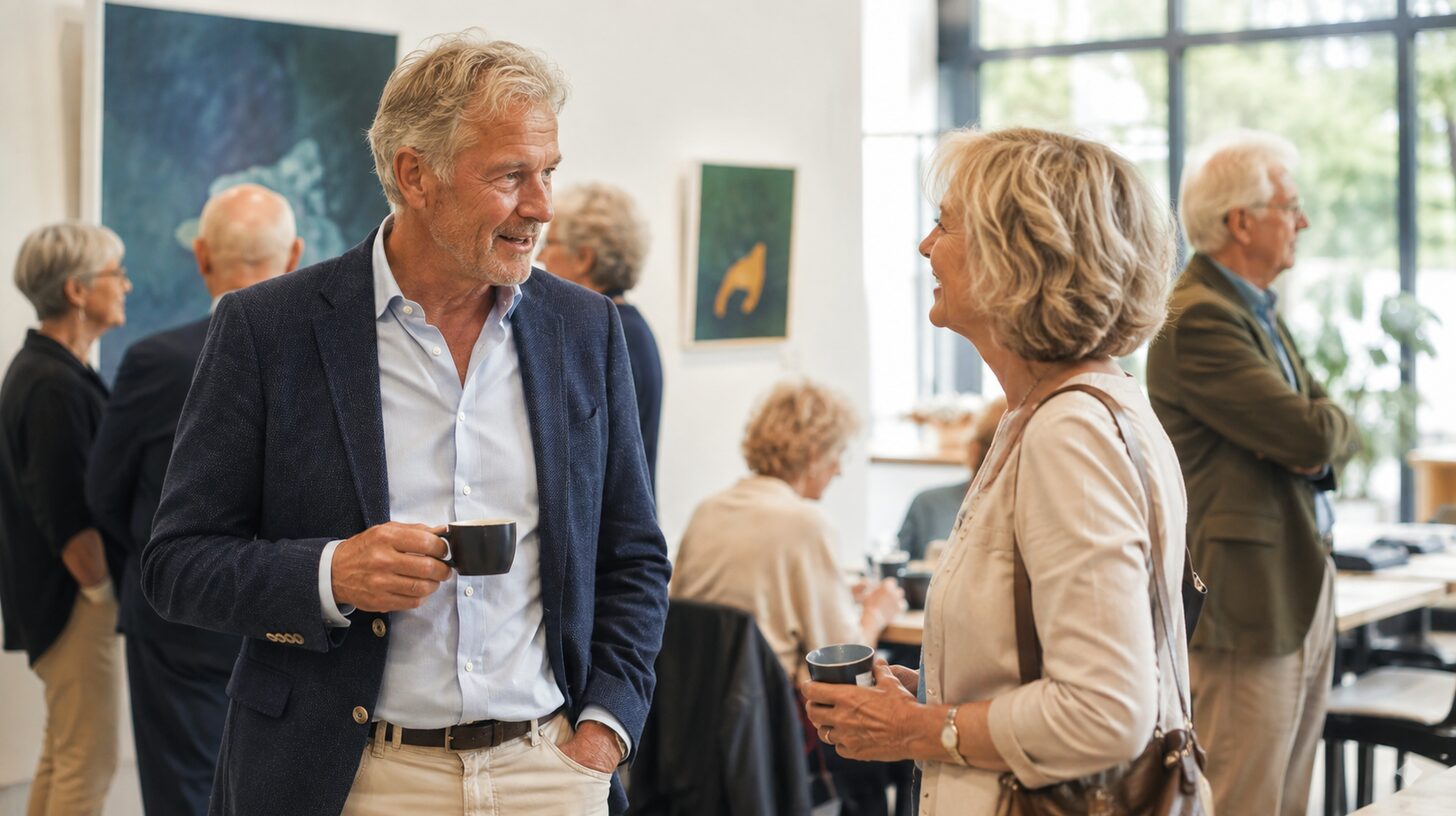 Man en vrouw van rond de zestig maken ontspannen kennis tijdens een culturele bijeenkomst