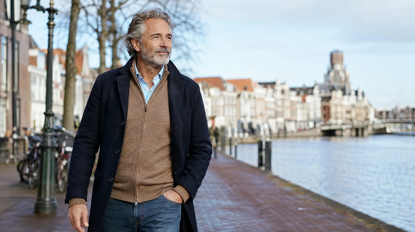 Zelfverzekerde man boven de vijftig maakt een frisse start tijdens een wandeling langs een Nederlandse kade