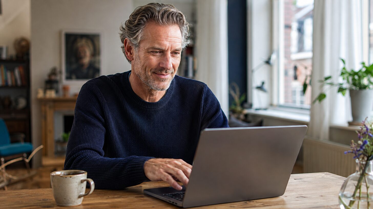 Man boven de vijftig schrijft thuis een persoonlijk eerste bericht op een datingsite