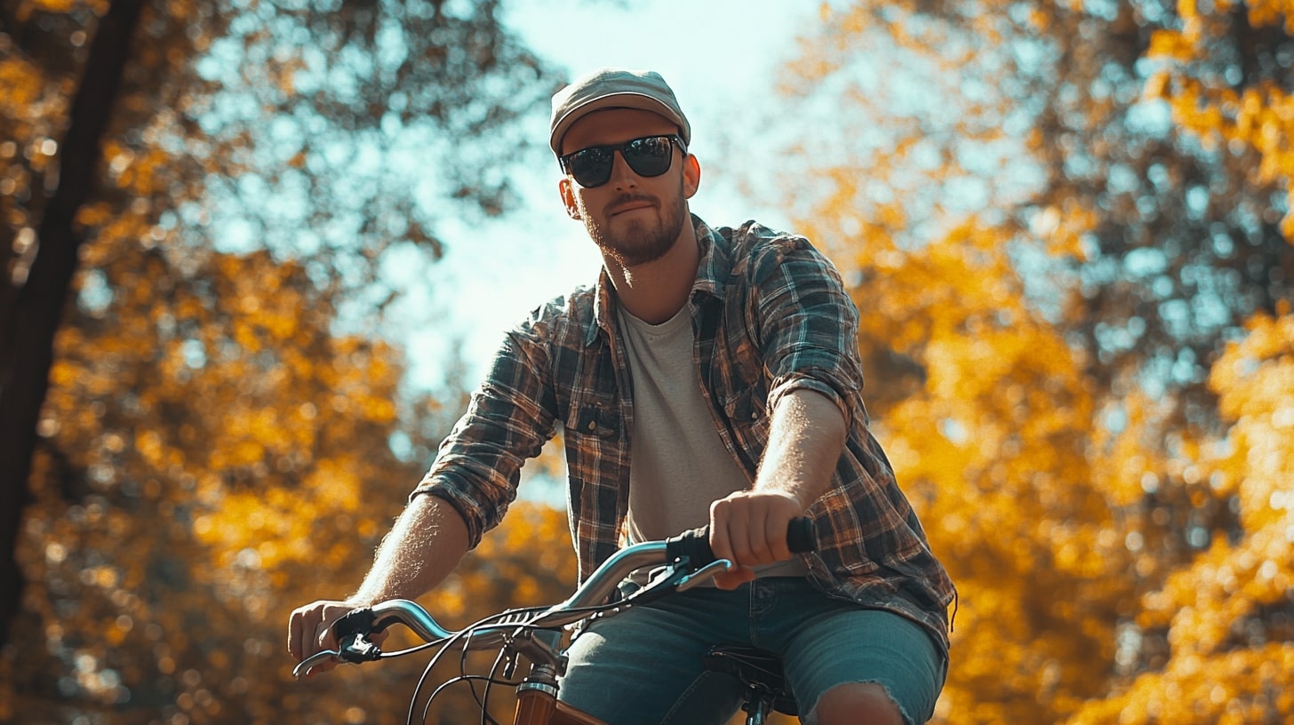 Gentleman in een casual outfit tijdens een fietstocht.