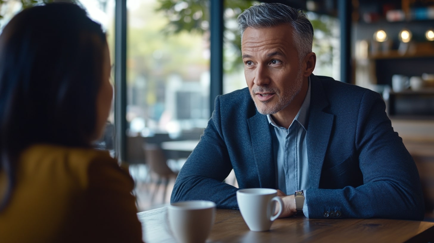 Man die aandachtig luistert naar een vrouw tijdens een gesprek in een café.