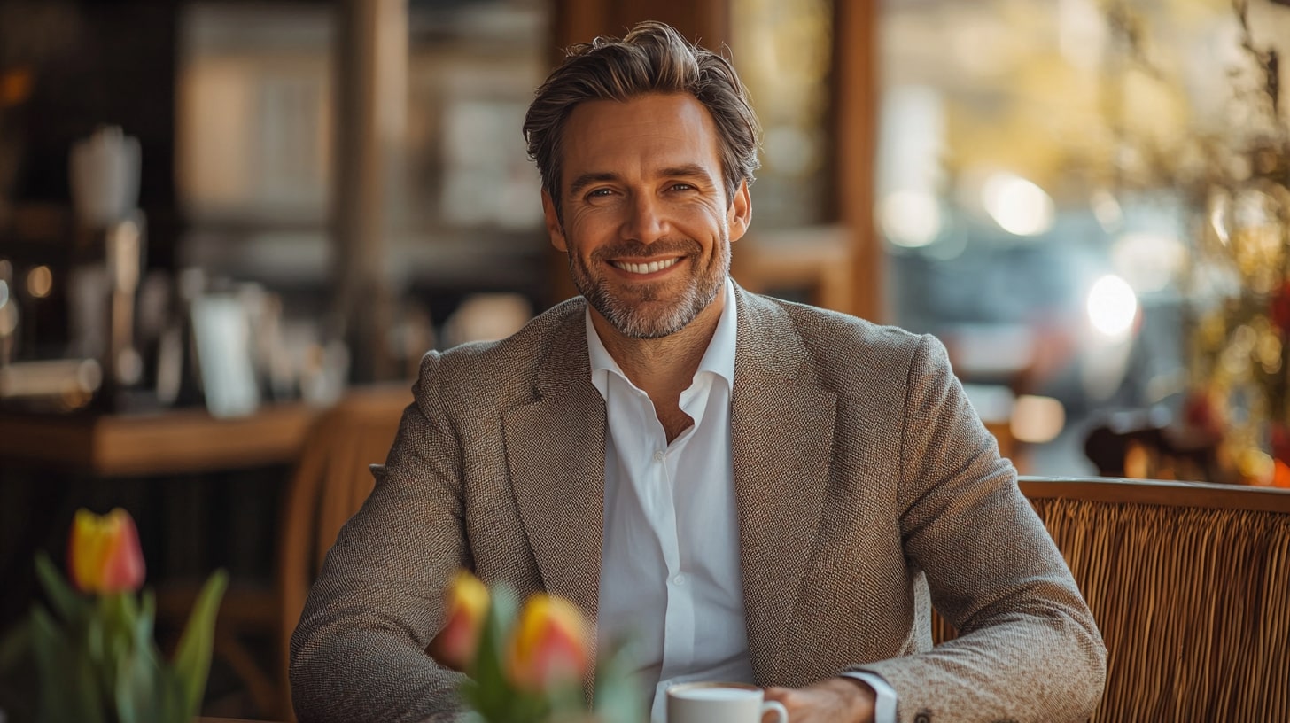 Man in zijn 40s met zelfverzekerde houding tijdens een date in een gezellig café.