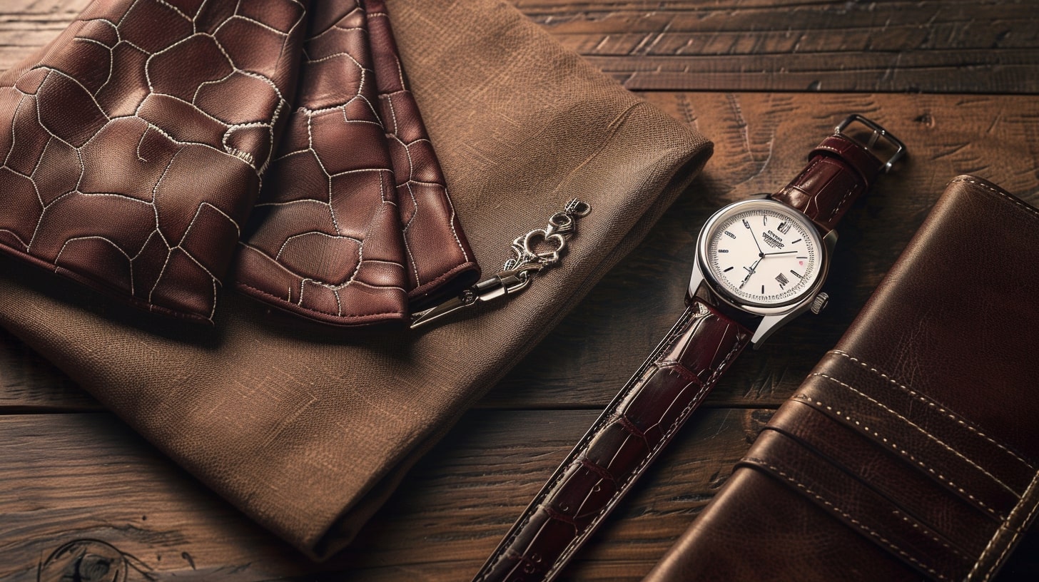 Flat lay van klassieke gentleman accessoires zoals een horloge, leren schoenen, en een zakdoek
