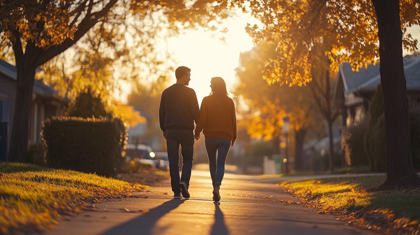 Man en vrouw in gesprek tijdens een ontspannen avondwandeling.