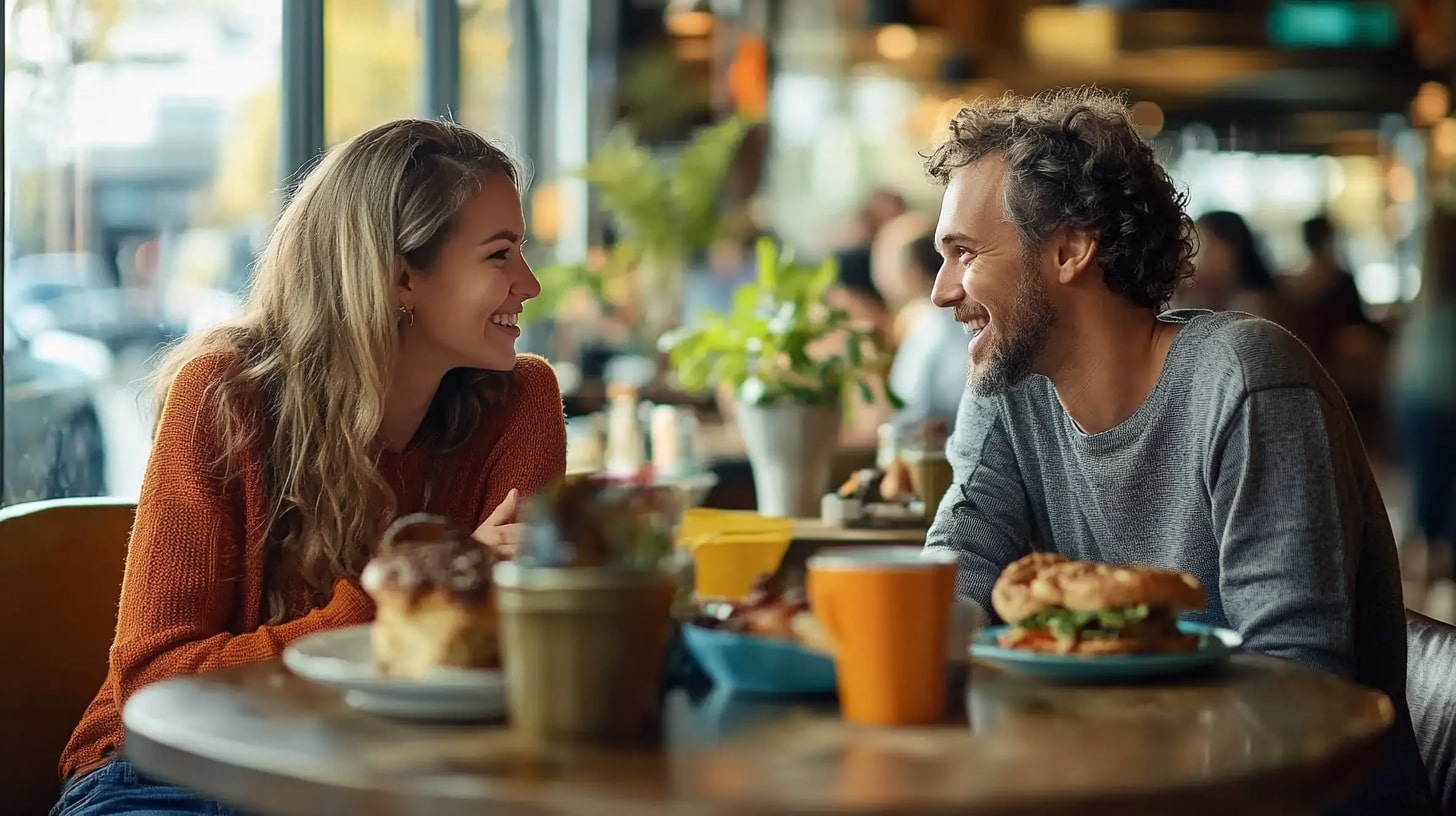 Man en vrouw glimlachen tijdens een eerste date in een gezellig café.