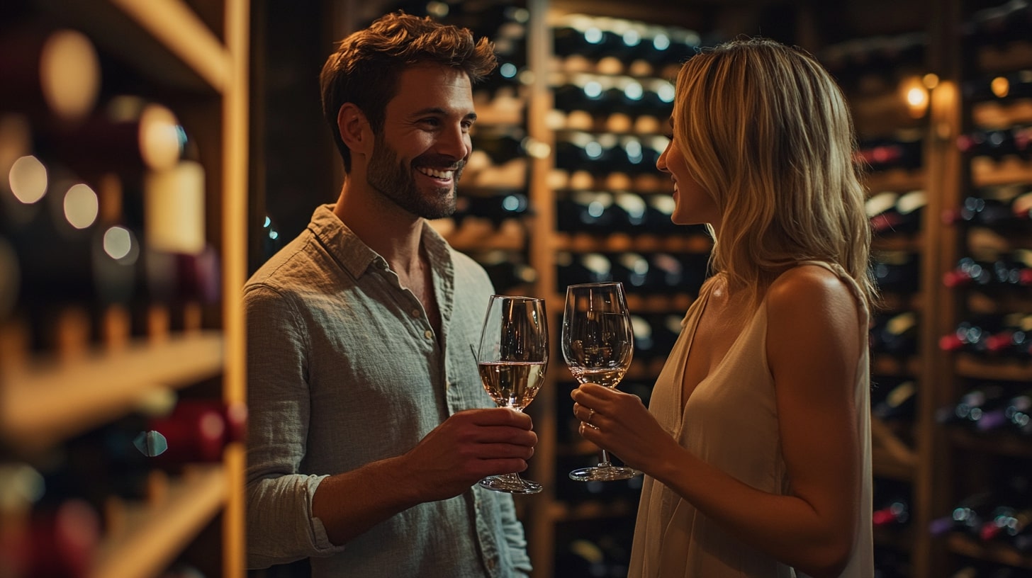 Man van 40+ geniet van een ontspannen wijnproeverij tijdens een date.