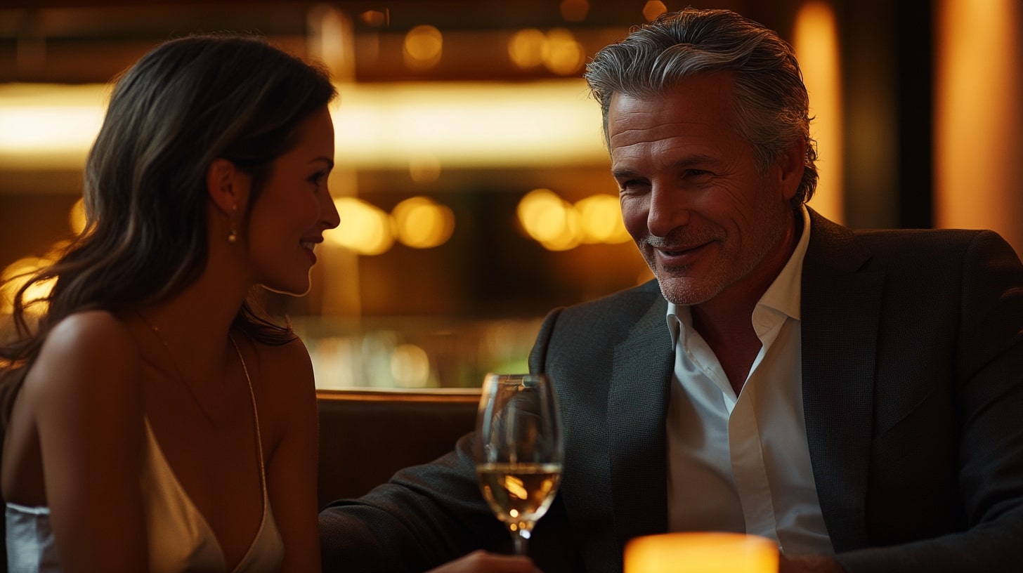 Charismatische oudere man (60+) in een stijlvol pak geniet van een romantische date met een jongere vrouw in een luxe loungebar, met een glas wijn en een flirterige sfeer. 
