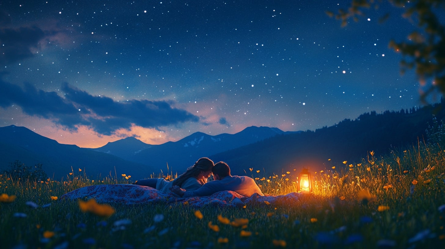 Man en vrouw kijken samen naar de sterren tijdens een romantische avond.