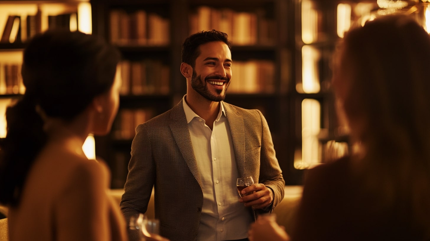 Gentleman in gesprek, glimlachend en oogcontact makend in een gezellige omgeving.