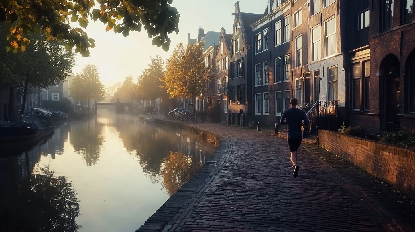 Man die mediteert of jogt in een schilderachtige omgeving in Nederland.